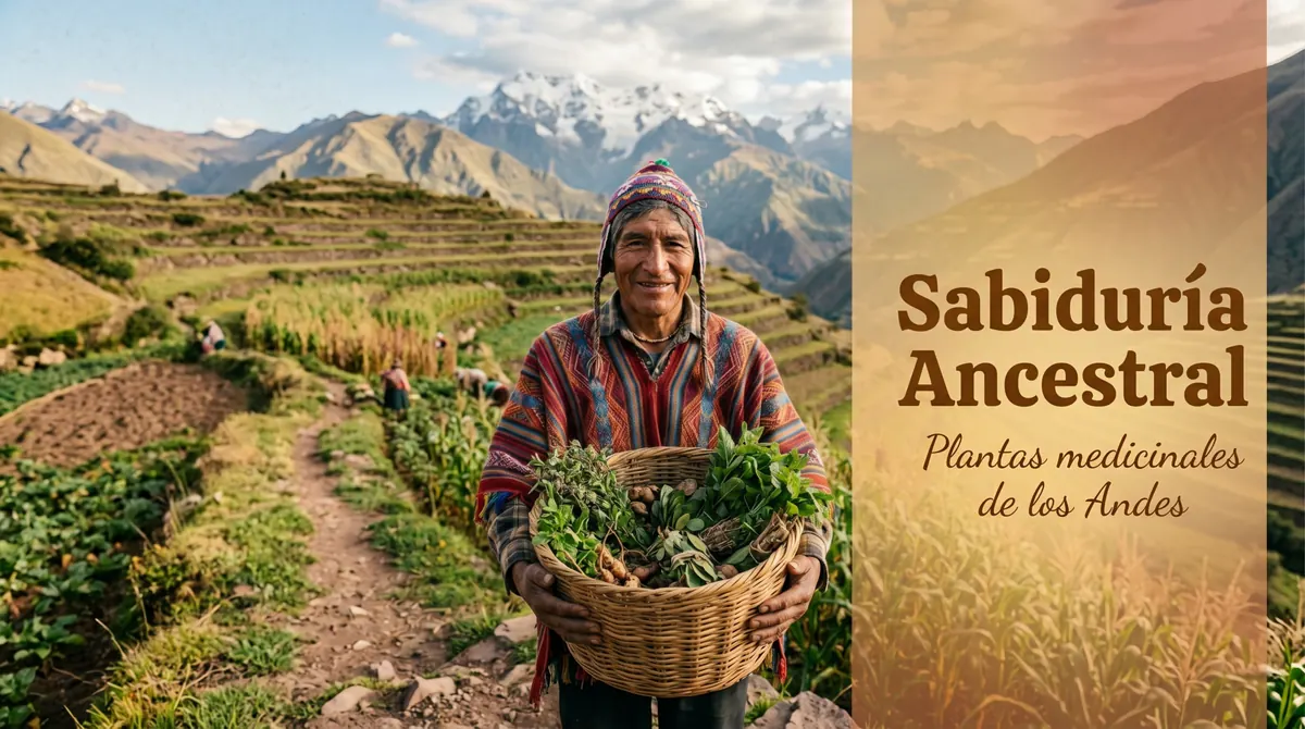 Agricultor andino con una cesta de plantas recolectadas