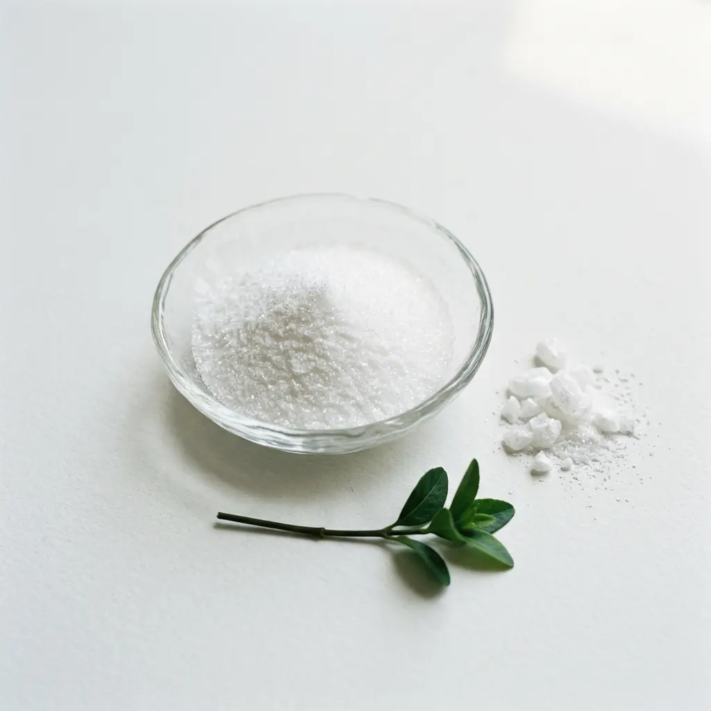 Cuenco con L-carnitina en polvo junto a una rama verde