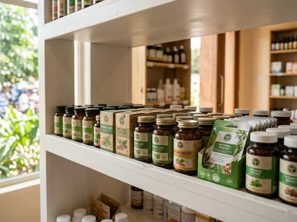 Anaquel de suplementos alimenticios en un comercio físico