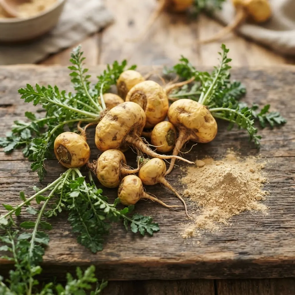 Raíces de maca peruana sobre una mesa de madera