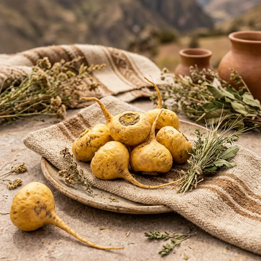 Raíces de maca peruana con hierbas andinas