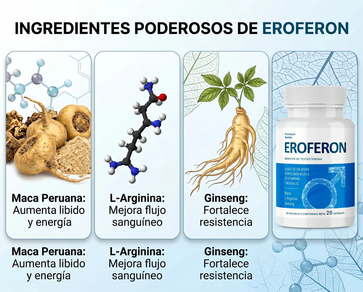 Frasco de Eroferon junto a los cuatro ingredientes de su fórmula