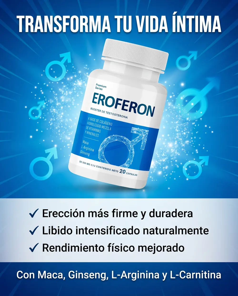 Frasco de Eroferon con 20 cápsulas junto a los cuatro ingredientes de su fórmula